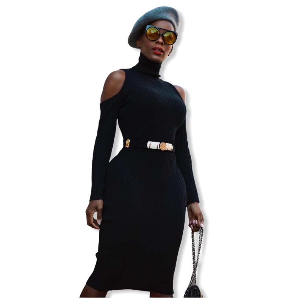 Black Cold Shoulder Turtleneck Midi Sweater Dress